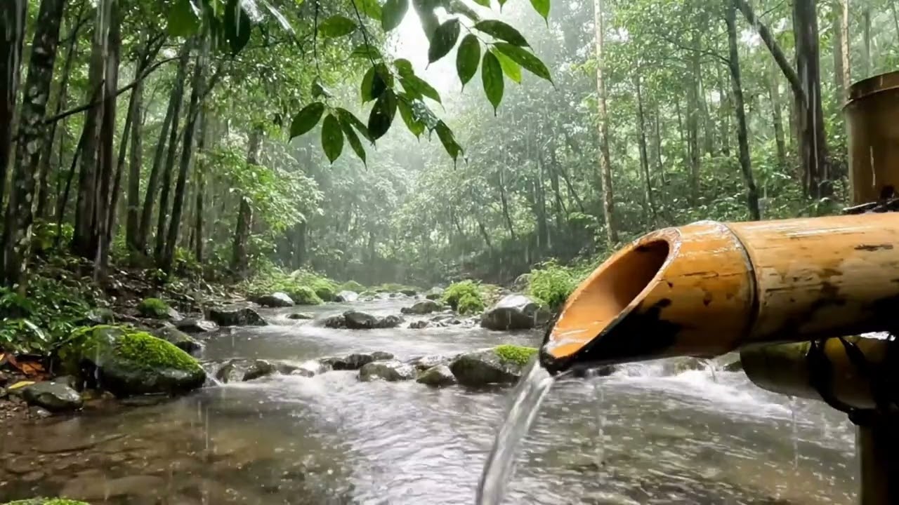 Rainforest Rain Sounds with Bamboo Water Fountain & Forest Stream | Relaxing Nature ASMR for Sleep
