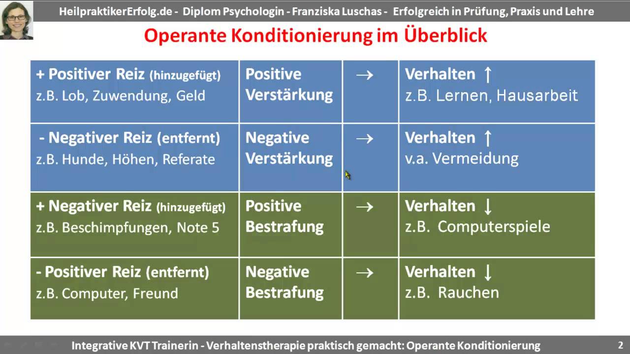 Die operante Konditionierung im Überblick: Positive und negative Verstärkung bzw. Bestrafung