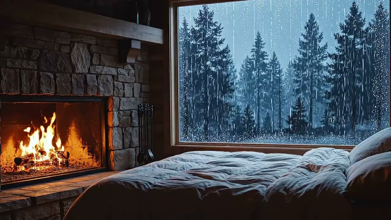 Heavy Rain & Fireplace Sounds | Cozy Forest Night for Deep Sleep