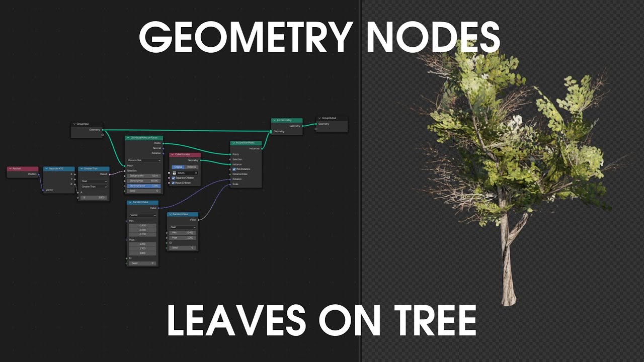 Blender Geometry Nodes : Distribution of leaves on tree mesh (Updated for blender 3.3)