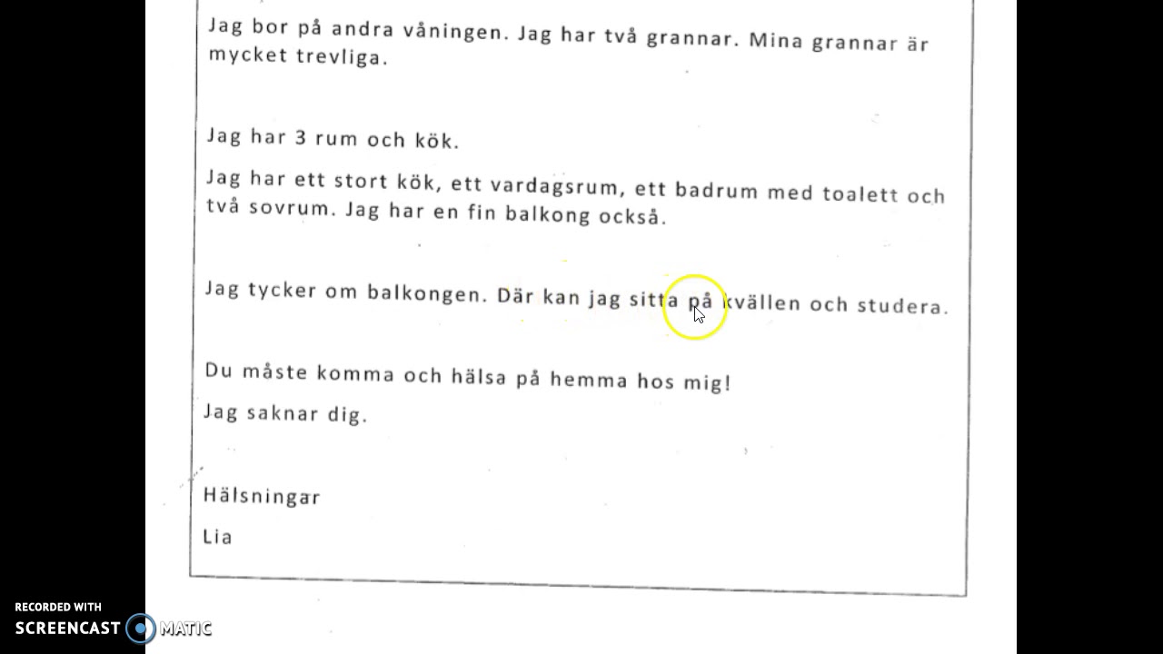 Skriv ett brev och berätta om din bostad - exempeltext