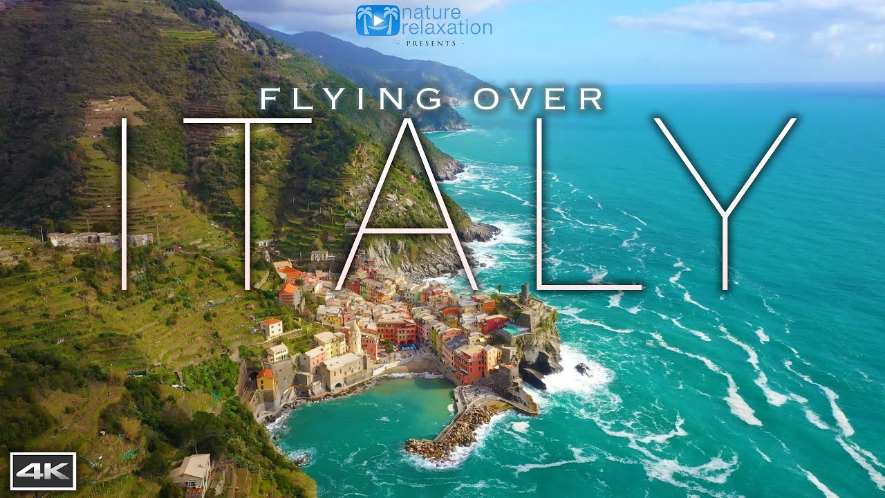 FLYING OVER ITALY 4K: Cinque Terre Coast by Drone + Light Ambient Music & Ocean / Nature  Sounds