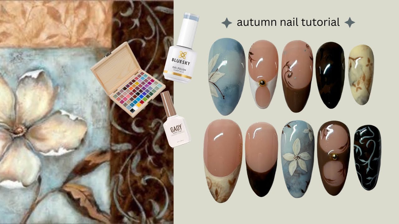 autumnal nail art tutorial 🍂🩵 floral & watercolor nail inspo | theenailfactory press ons
