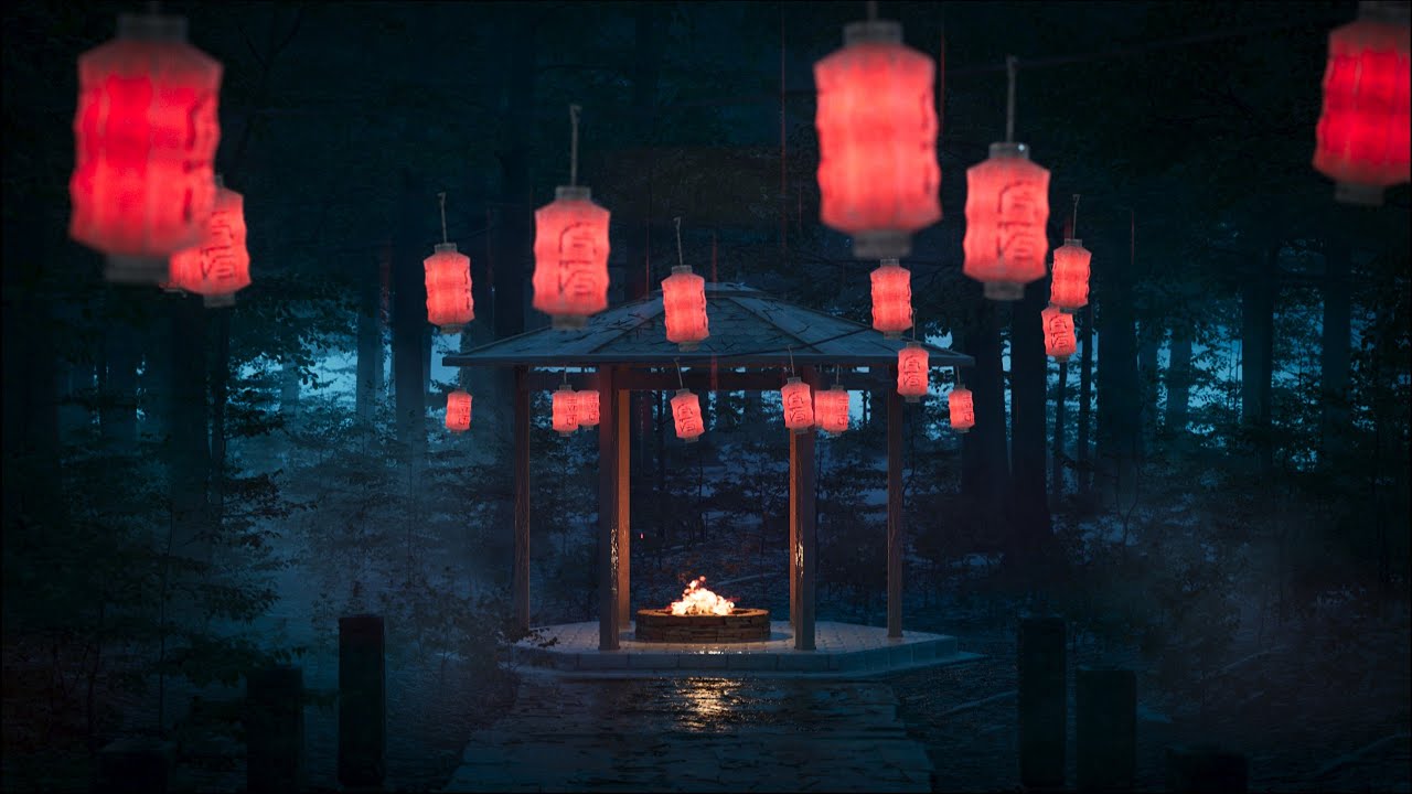 Gazebo Paper Lantern Ambience | Thunderstorm ASMR