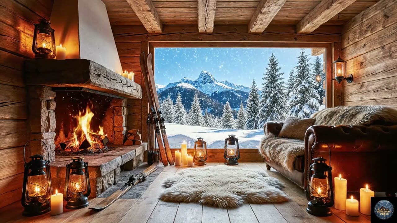 Cosy Cabin Ambience- Crackling Fireplace & Snowy Mountain Views 