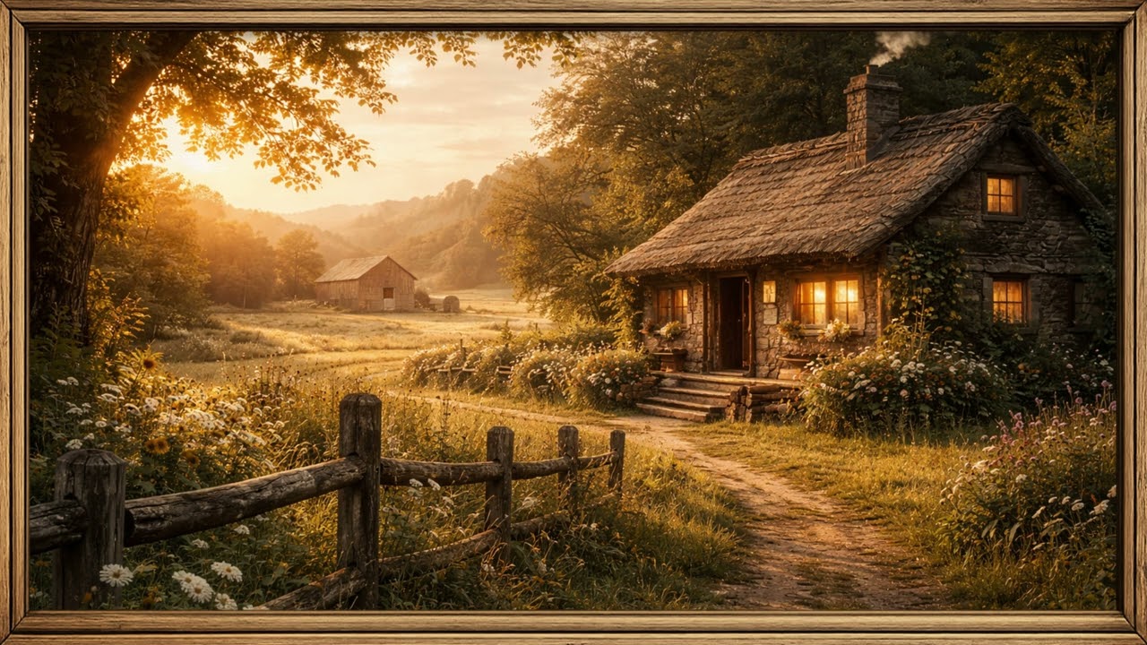 Cozy Cottage at Sunset in 4K | Rustic Wall Art for Your Home