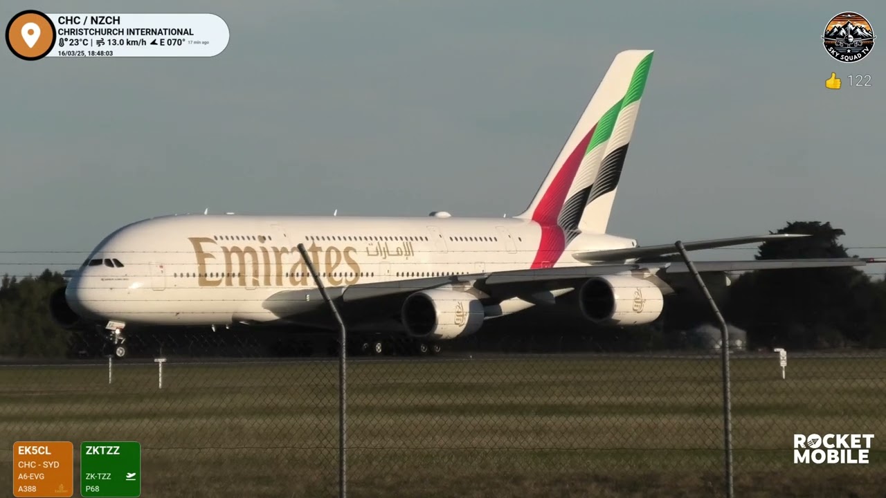 Gorgeous Emirates A380-800 A6-EVG New Livery Departing Christchurch Airport, New Zealand in 4K!
