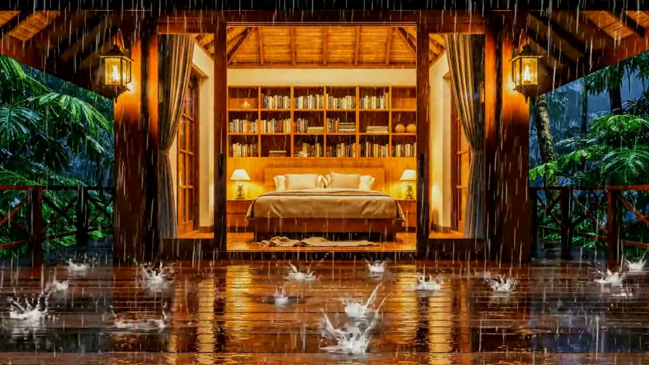 Heavy Rain on Tropical Cabin Deck 🌧️ Cozy Jungle Night Sounds for Deep Sleep