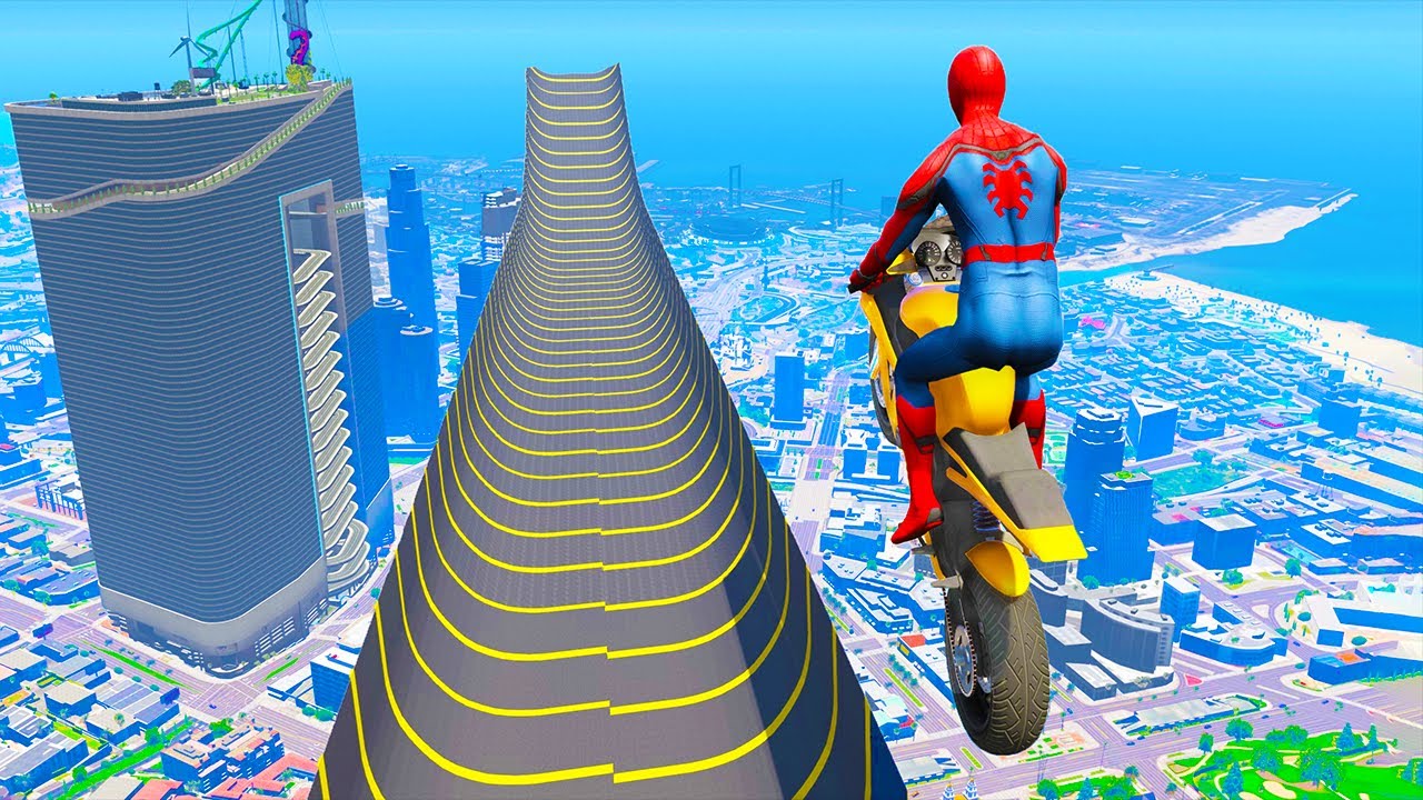 GTA 5: Spiderman vs Giant Ramp - Super Cars, Vehicles, Bikes