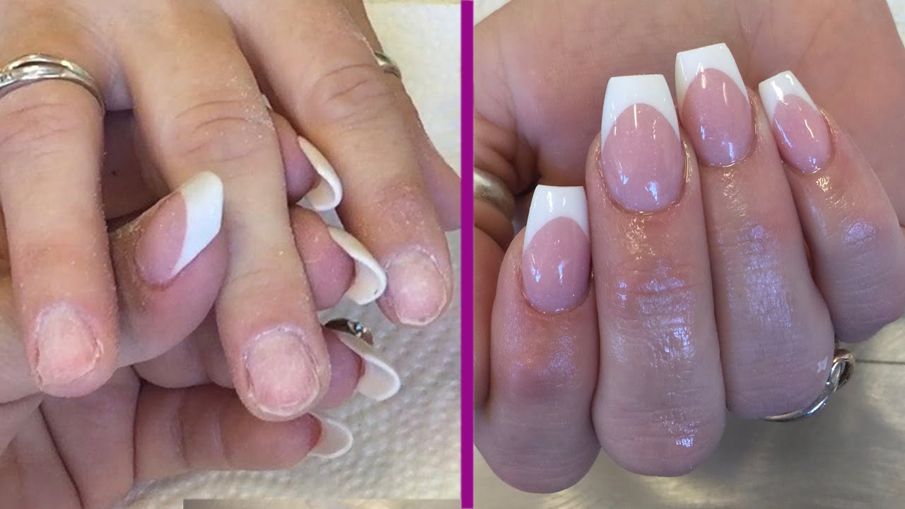 Pink & White Reverse Application Using Tips - Short Brittle Nails