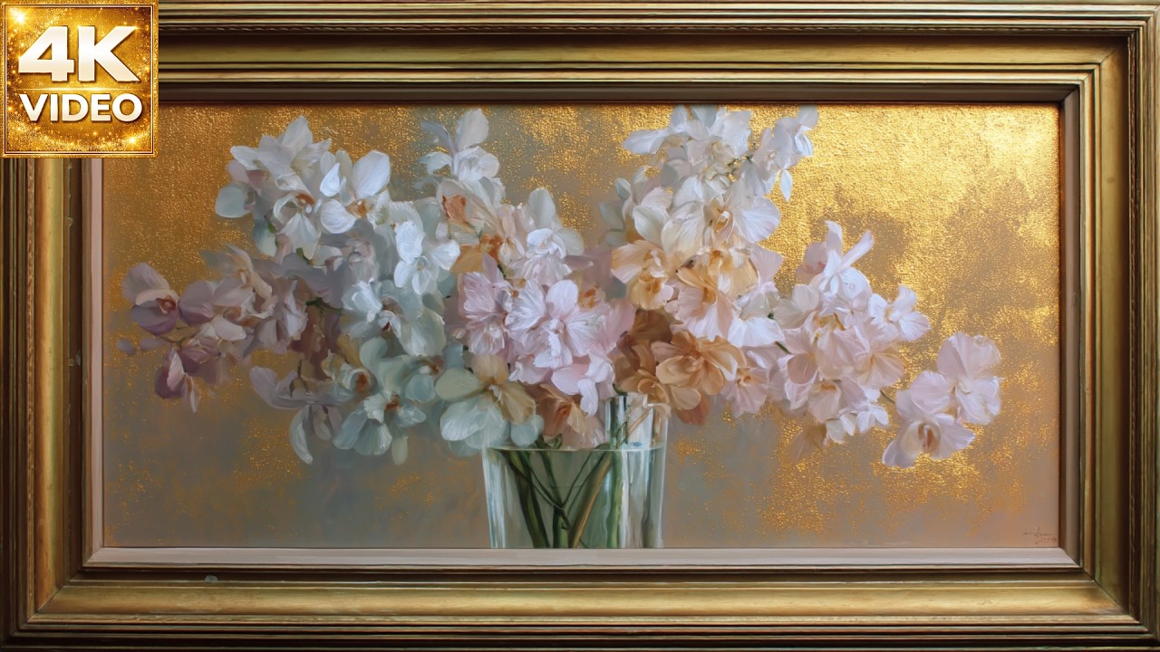 Pantalla Elegante 4K | Flores Blancas en Marco Dorado | Arte Floral para TV Sin Música