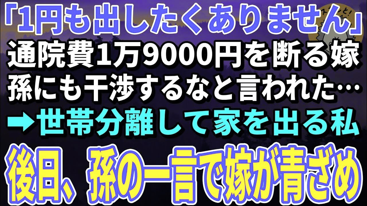 【スカッとする話】「1円も出したくありません」と通院費1万9000円を拒否する嫁。私は世帯分離して家を出た→後日、孫の一言で嫁が慌てだし…【朗読】【シニア】