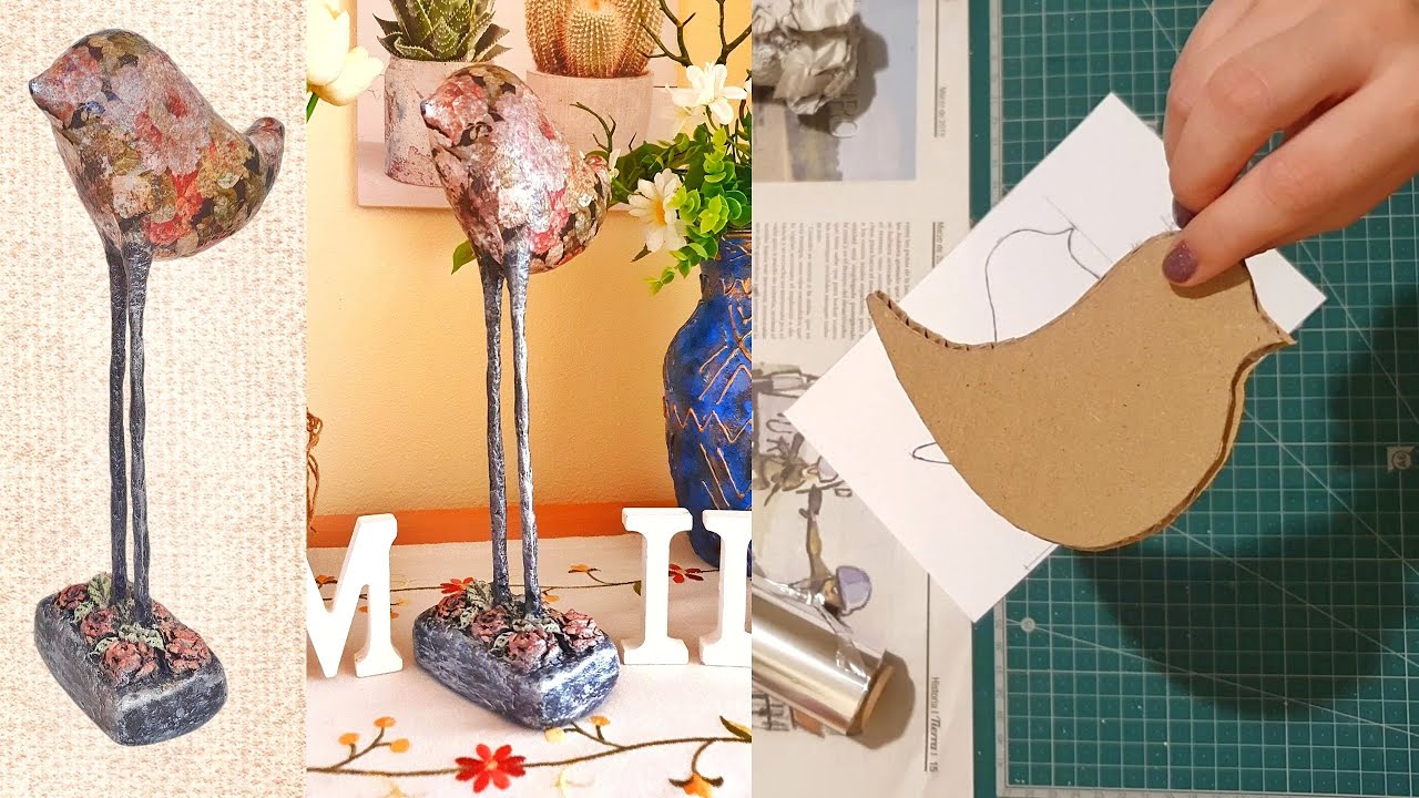Pajarito Decorativo de Papel Maché y Decoupage