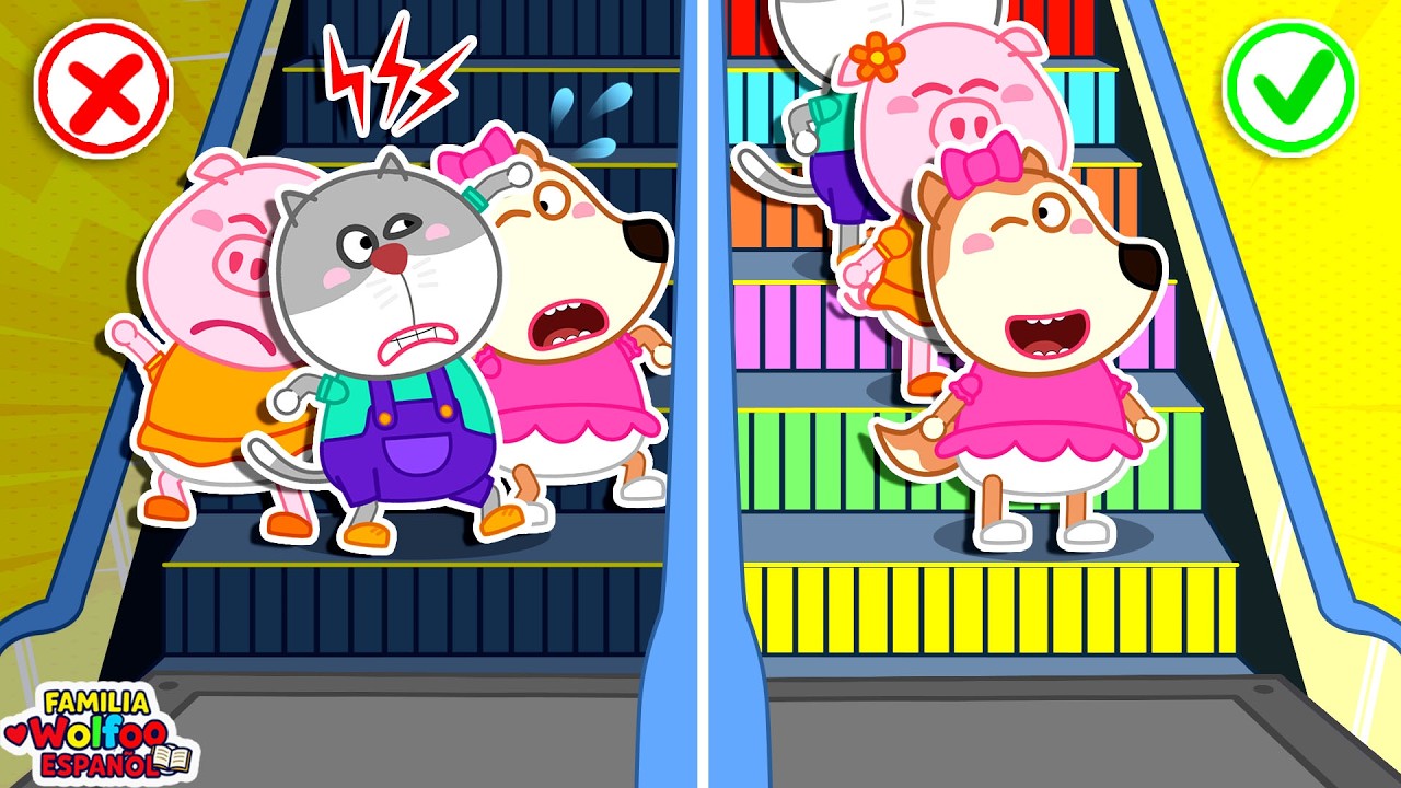 Familia Wolfoo Español 👉 Aprende a Usar la Escalera Mecánica de Forma Segura 👮‍♂️ Dibujos Animados