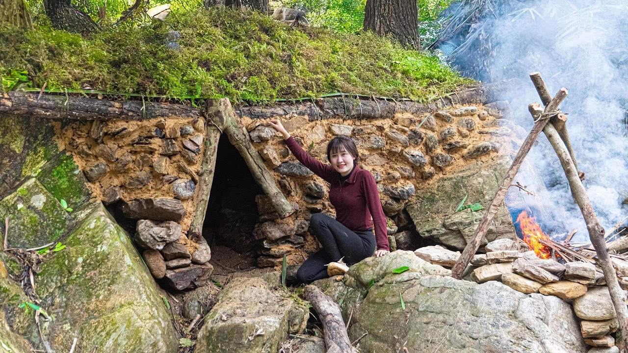 Timelapse -- How To Build A Survival Shelter Out Of Stone - Avoid Being Attacked By Wild Animals