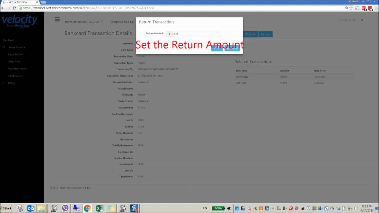 Returning a transaction using the Velocity Virtual Terminal