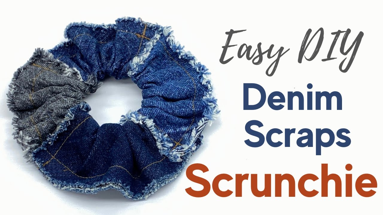 Scrappy Denim Scrunchie Tutorial with Chenille Edge -  DIY Super Easy Upcycle using Scraps