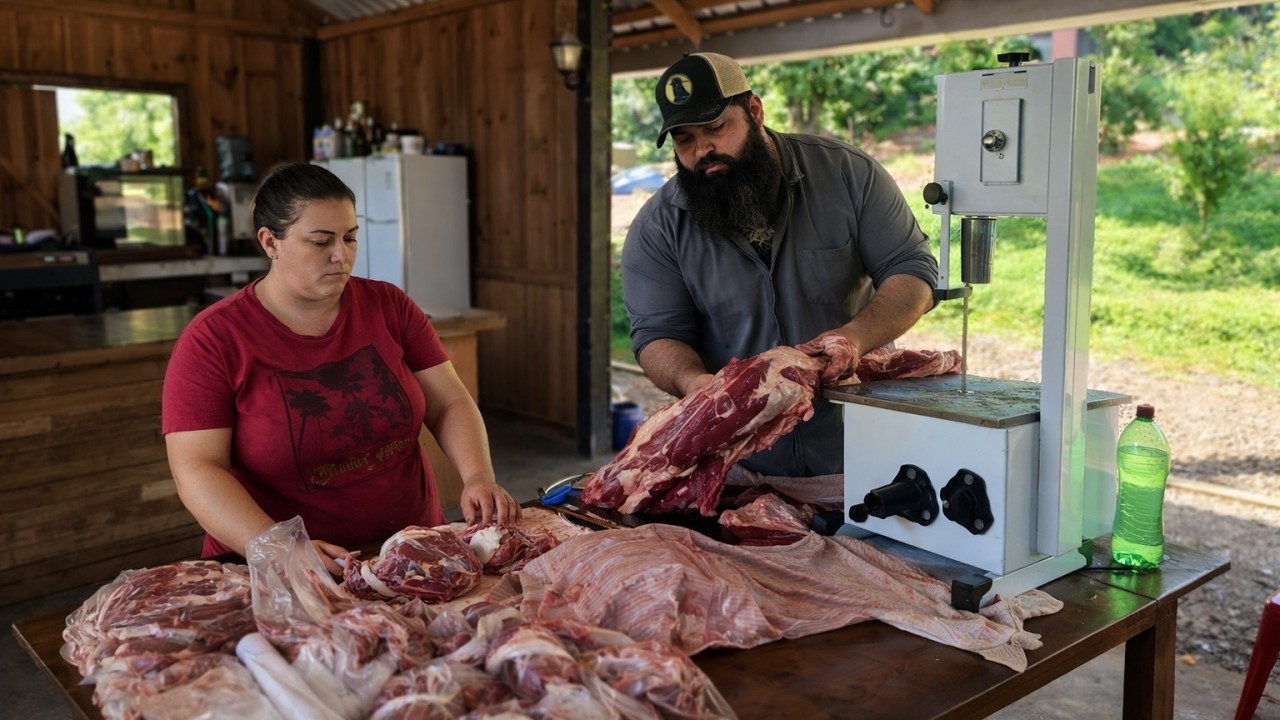 carneamos uma novilha para o consumo da família, dia de picar a carne e guardar no congelador