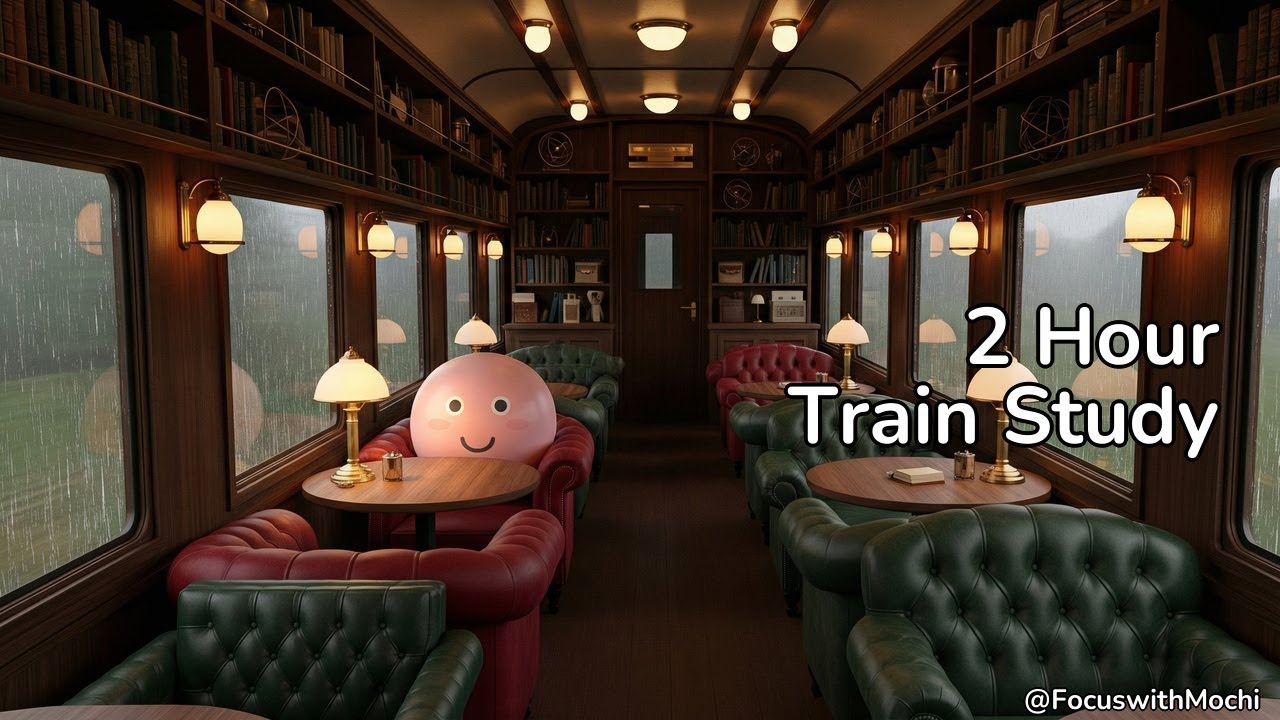 2 Hour Study Session | 25min x 4 Pomodoro | Retro Train Library Ambience | Focus with Mochi