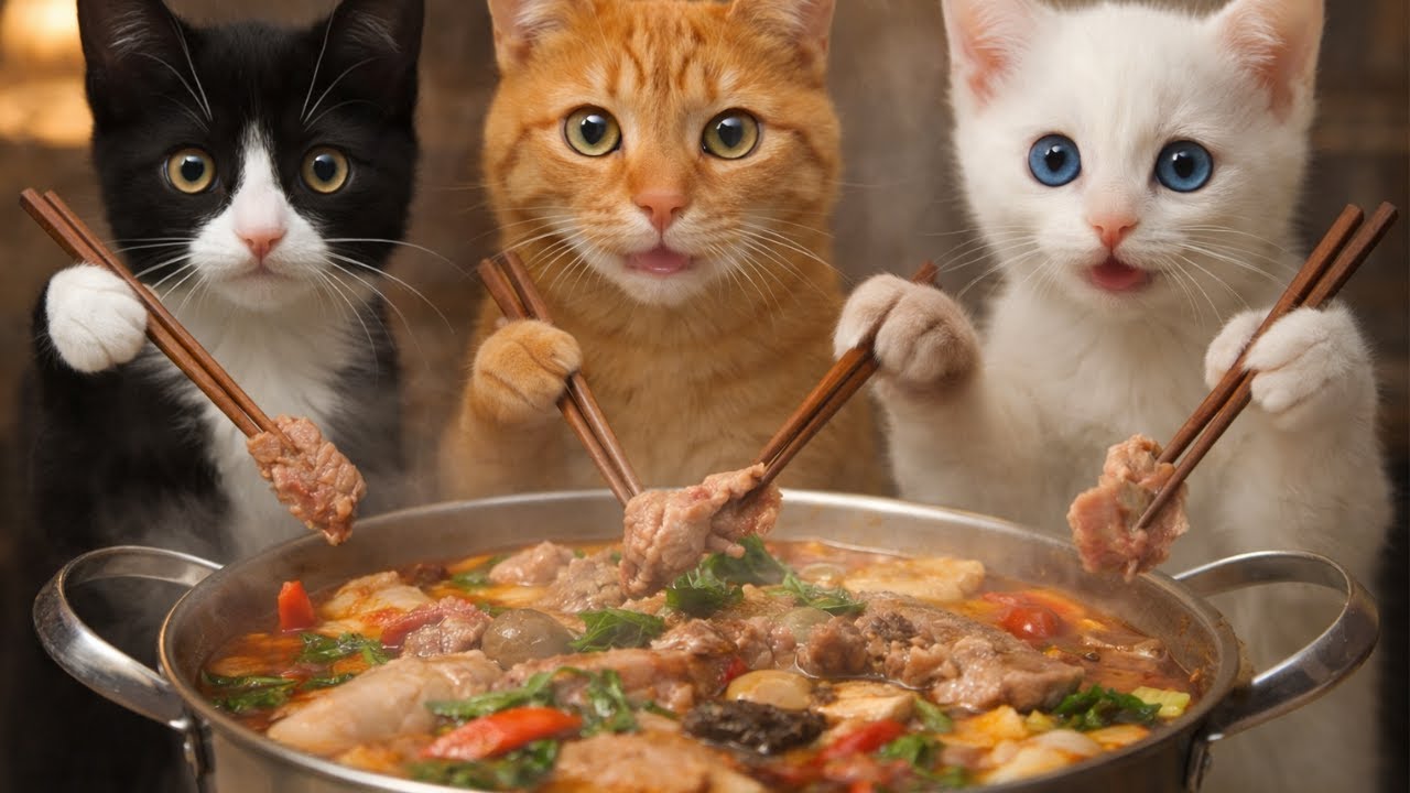 Cat cooking fish hotpot