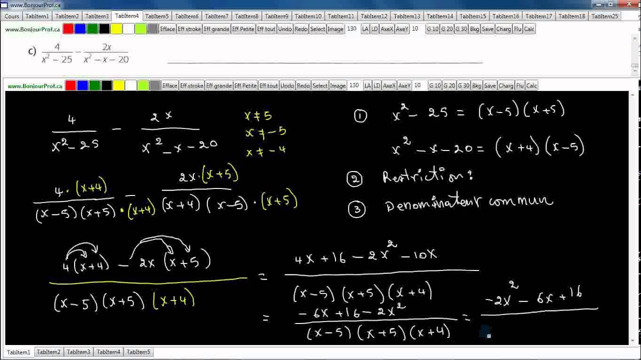 Secondaire 4 SN Québec: Addition soustraction d'expression rationnelle exercice 4