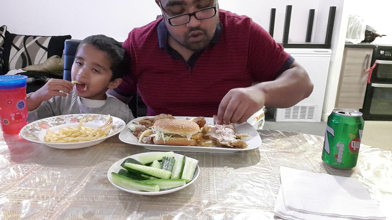 Eating chicken and chips, and burgers pfc