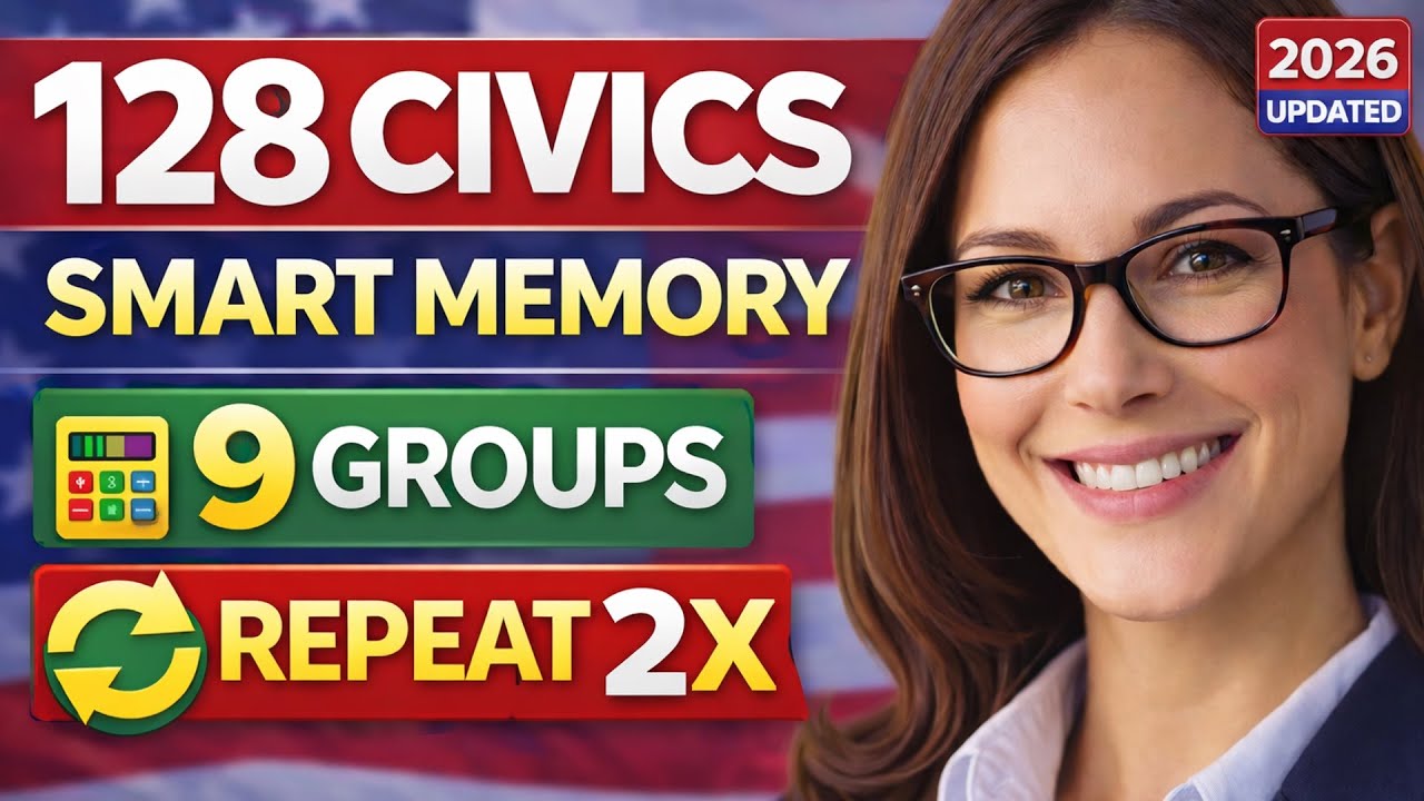128 Civics Questions for US Citizenship Interview 2026 – 9 Groups, Repeated Twice for Easy Memory
