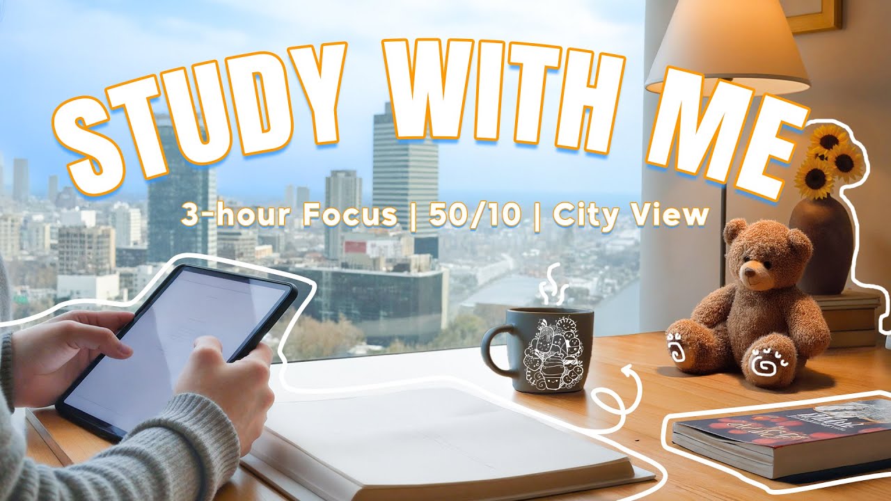 3-HOUR STUDY WITH ME 📚 City View | Pomodoro 50/10 ⏰ Fire Crackling Break 🎹 Calm Piano BGM