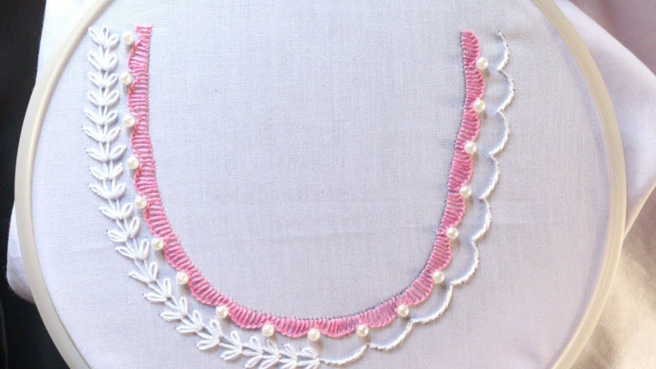 Hand embroidery. Neck design for dresses and blouses. Hand embroidery stitches.