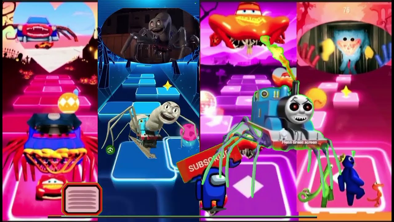 Tiles Hop Monsters|Giant McQueen Eater🆚️Thomas Train Exe🆚️McQueen Spider Car 🆚️Huggy Wuggy.