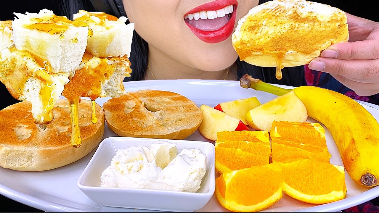 ASMR CREAMY HONEY BAGEL & FRUITS *MAKE & EAT WITH ME 먹방 MUKBANG Eating Sounds (NO TALKING) ASMR Phan