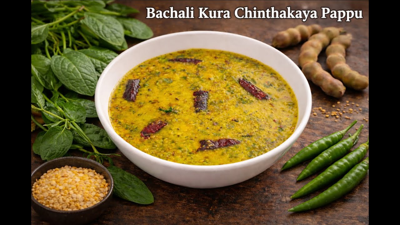 Bachali Kura Chinthakaya Pappu | Malabar Spinach Raw Tamarind Dal | Healthy Andhra Recipe