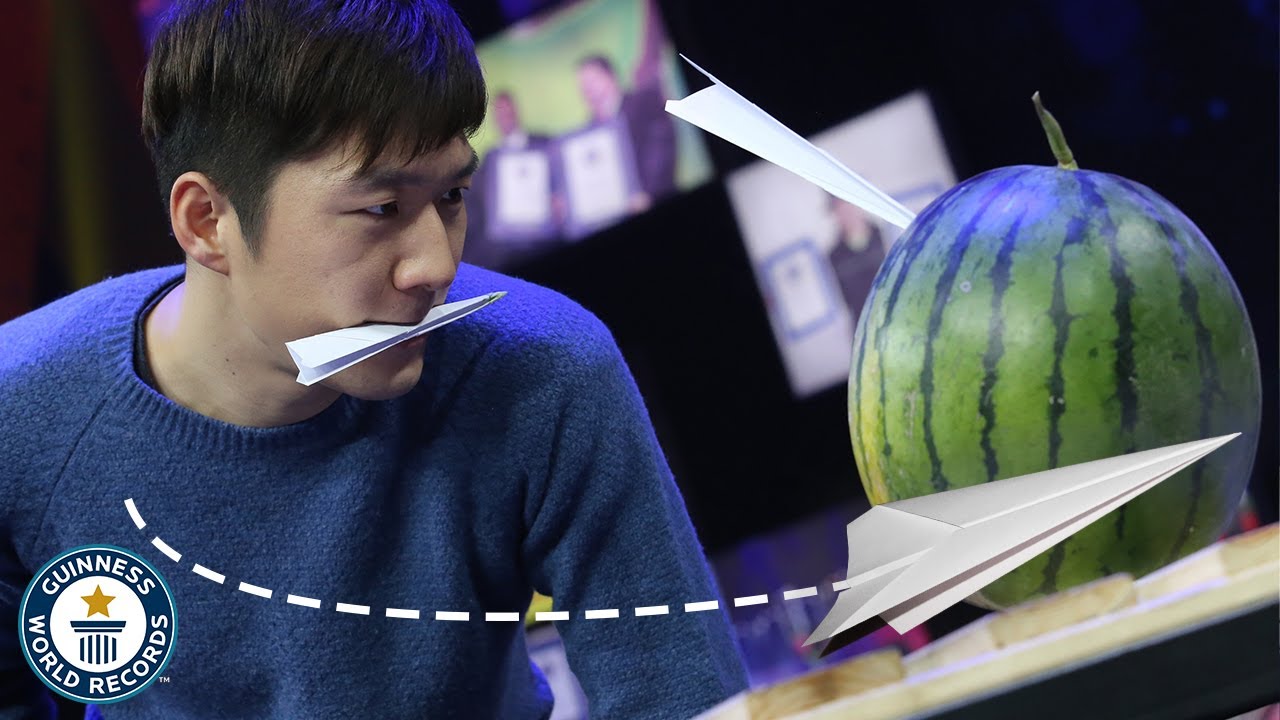Paper airplanes into watermelons challenge - Guinness World Records