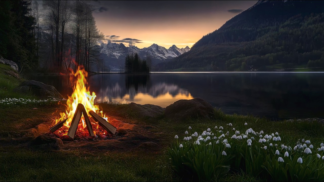 4K 🔥 Campfire by Silent Mountain Lake at Sunset, Deep Calm and Relaxing Nature Sounds 🏔️