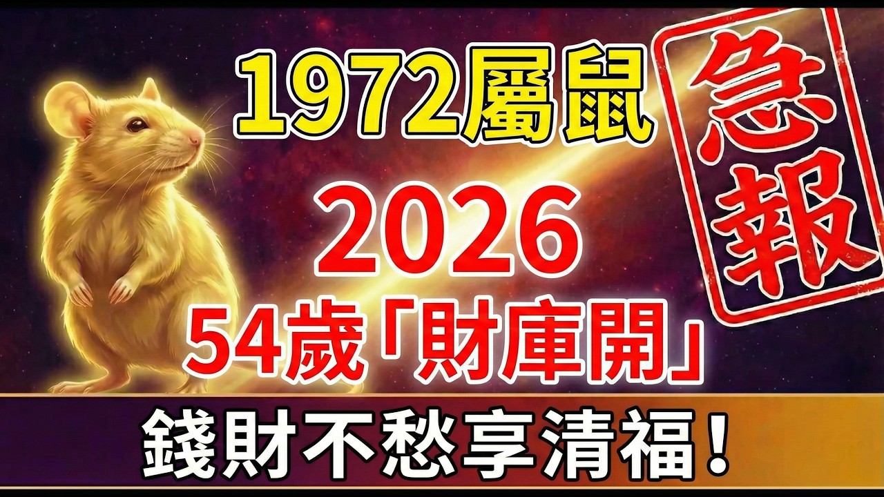 1972年屬鼠人，壬子之鼠！2026年54歲之年「財庫大開」，錢財不請自來，馬年註定享福！#2026屬鼠運勢 #生肖鼠2026運勢 #屬鼠 #1972屬鼠 #財運 #偏財 #馬年運勢 #1972生肖鼠