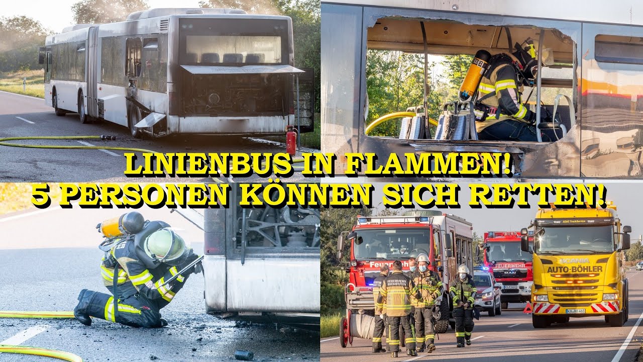 [Linienbus in Flammen] - Alle 5 Personen können sich retten - | Feuerwehr Rheinstetten im Einsatz