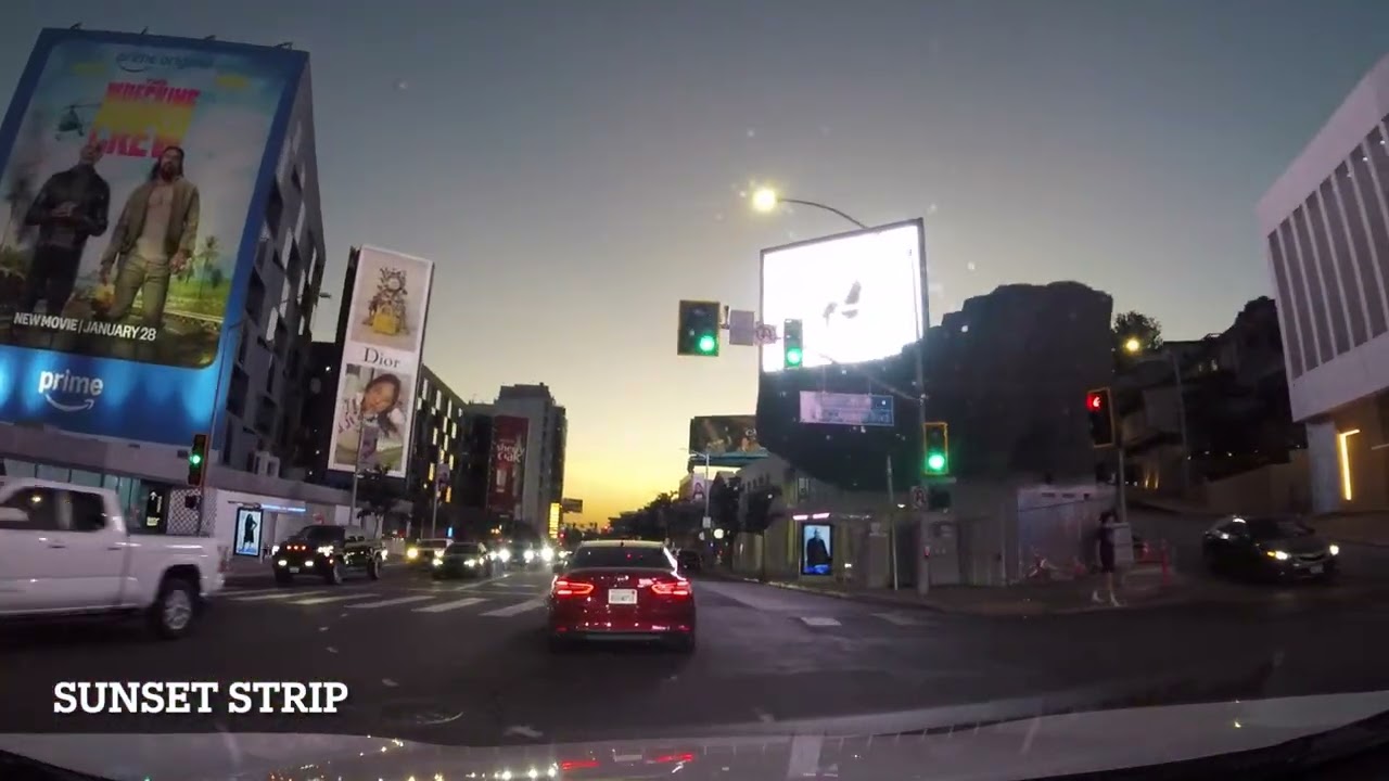 Sunset Strip on Sunset, POV drive through Los Angeles, Real streets, No commentary