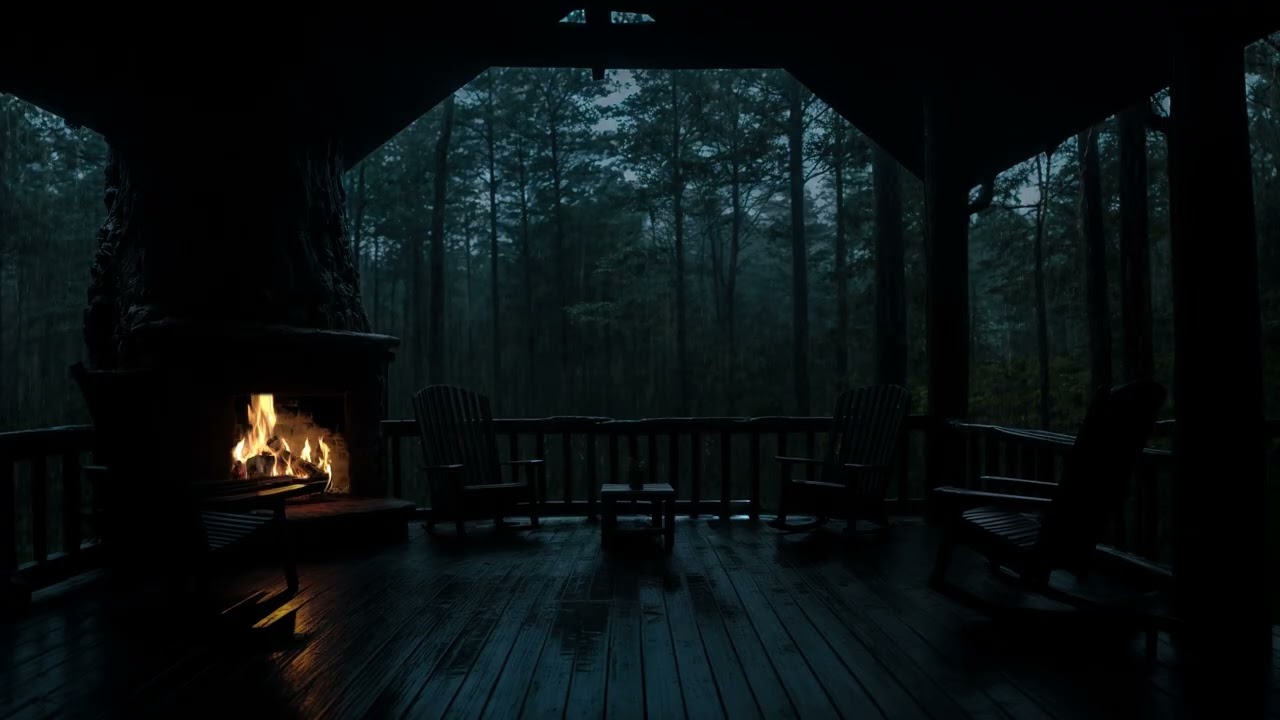 Quiet Rainy Night in a Glass Room 🌧️🔥 Fireplace Ambience for Anxiety Relief and Deep Sleep