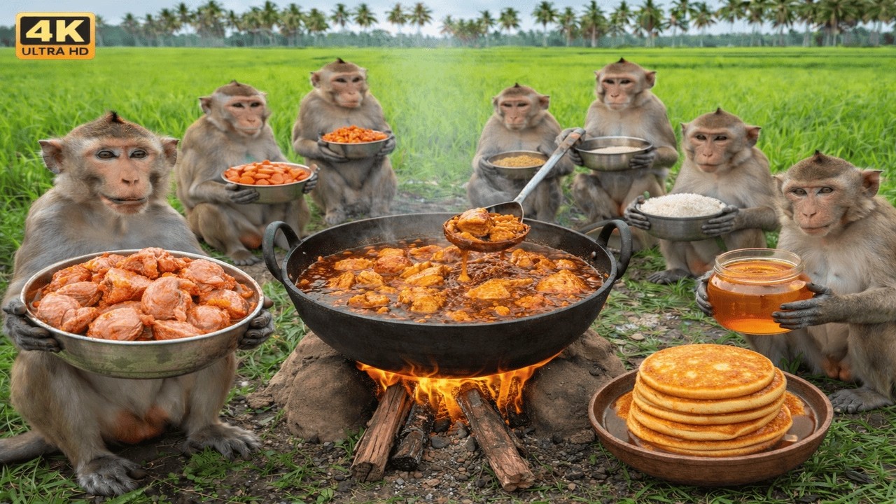 🐒 बंदर कुकिंग ट्रेडिशनल चिकन करी  Monkeys Cooking Chicken Curry 🔥🍗😱