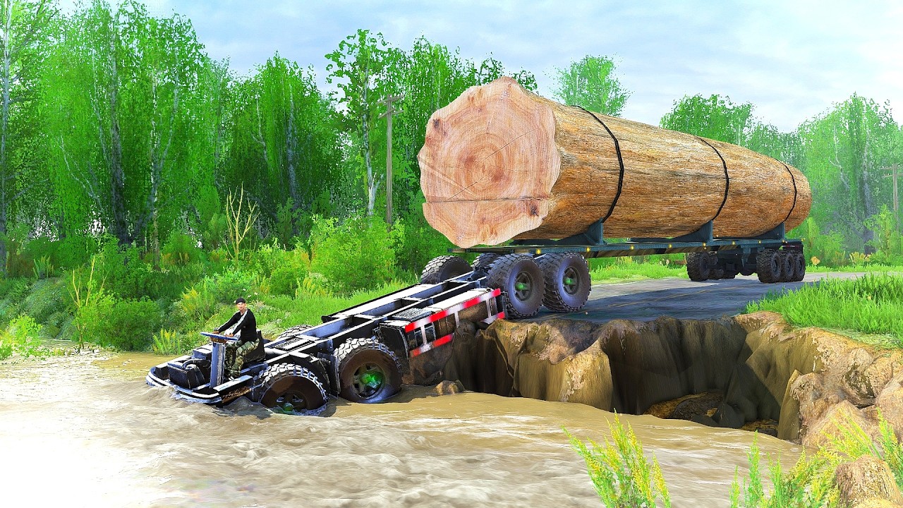 MASSIVE Logging Truck Transports GIANT Tree Through DEADLY River