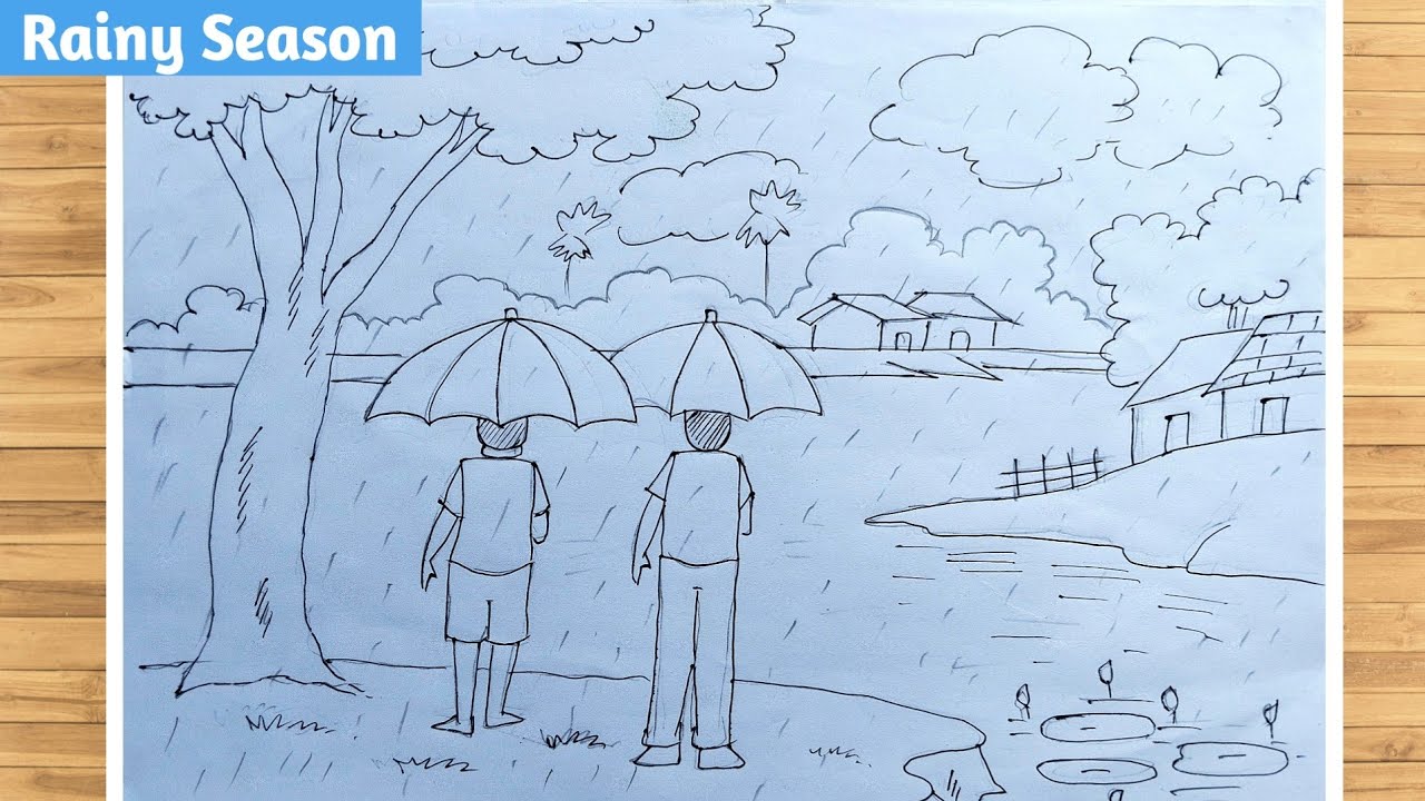 Rainy Season Scenery Drawing // Rainy Day Drawing // Monsoon Season Drawing 