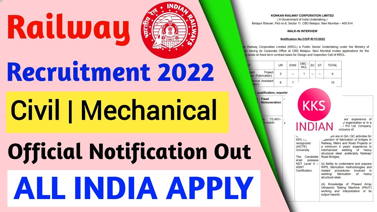 Railway Recruitment Vacancy 2022 | KRCL Recruitment 2022 | Civil Mechanical | All india @KKSINDIAN