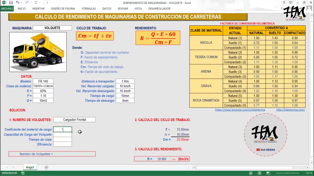 EXCEL para Rendimiento de Maquinaria: VOLQUETE | #HebMERMA