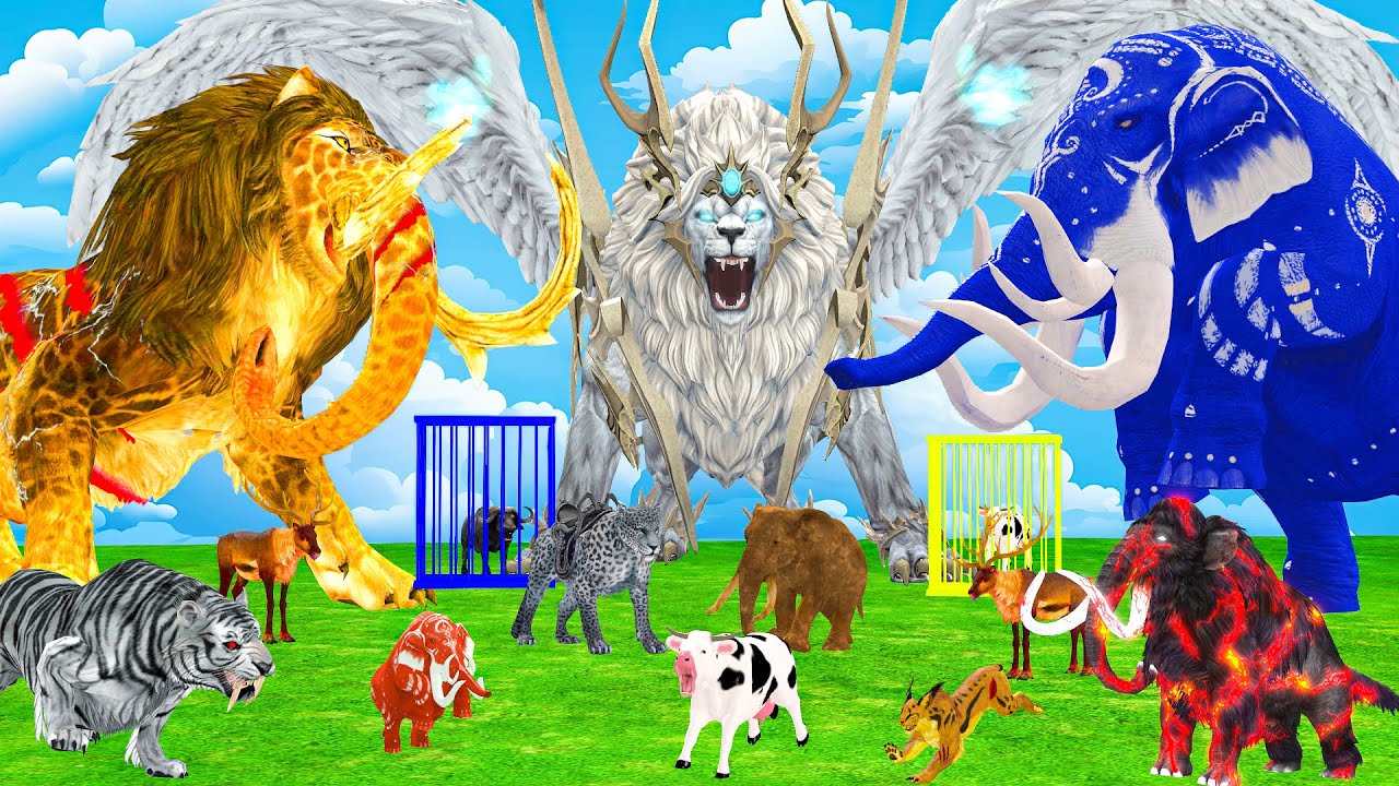 5 Giant Mammoth Elephant Cow Vs Giant Wolf Attack Vs 5 Giant Lion Tiger Saved By Woolly Mammoth