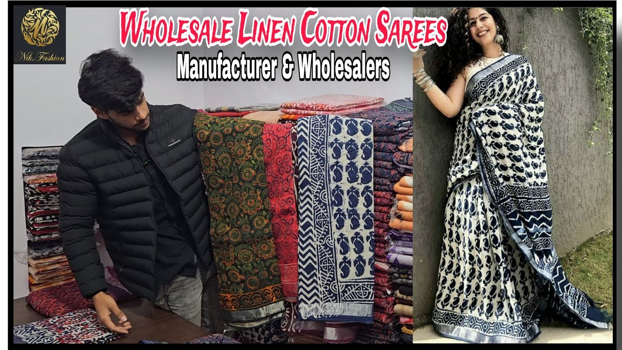 Wholesale Linen cotton sarees //New Linen sarees With printed BLOUSE @Nik.fashion