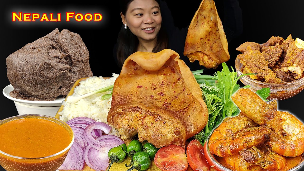 Eating Dhido With Buffalo Meat Curry, Spicy Pork Ear & Tiger Prawn Curry Nepali Mukbang, Eating Show