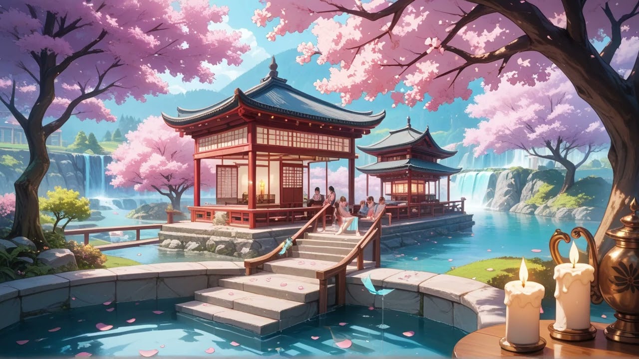 Calm Sakura River 🌸 | Relaxing Instrumental Music with Candlelight Glow