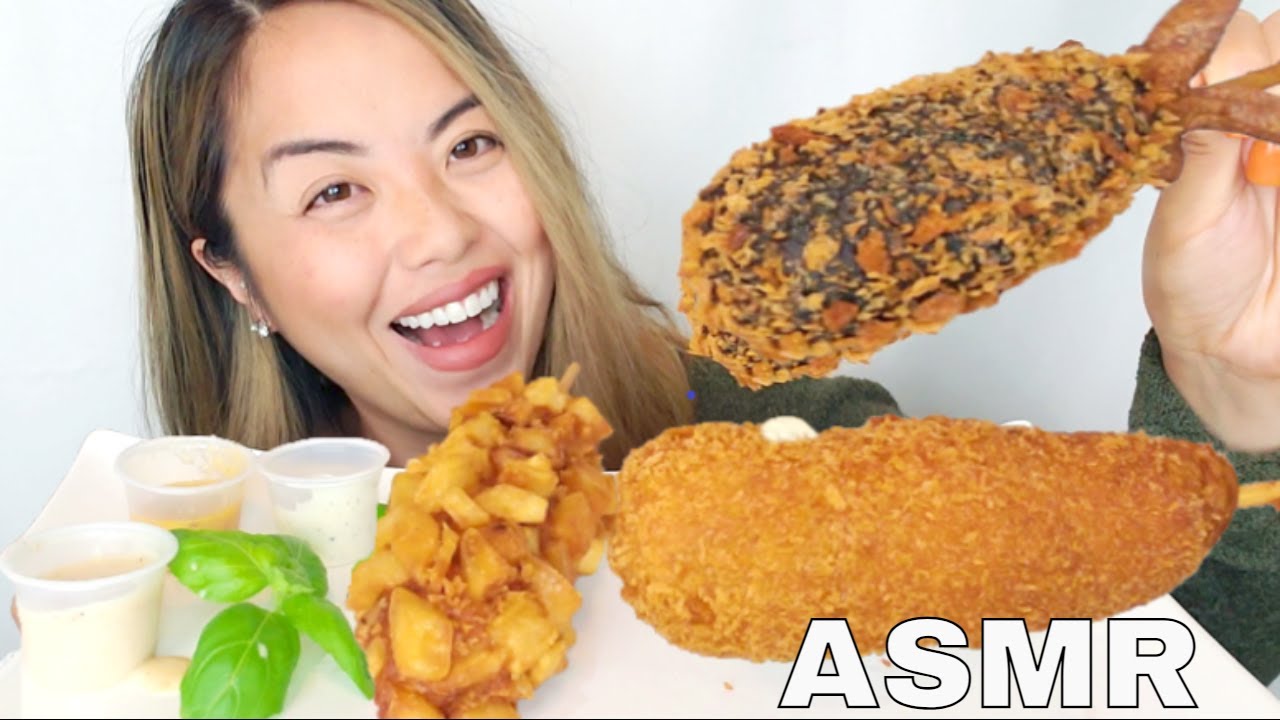 Korean Corn Dogs Mukbang ASMR, Squid Ink Mozzarella, Potato Hot Dog, Mozzarella/Hot Dog, Cream Sauce