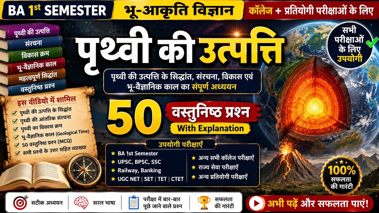 भू-आकृति विज्ञान BA First Semester | 50 वस्तुनिष्ठ प्रश्न | Geography Unit-1 | BPSC UPSC BA BSc