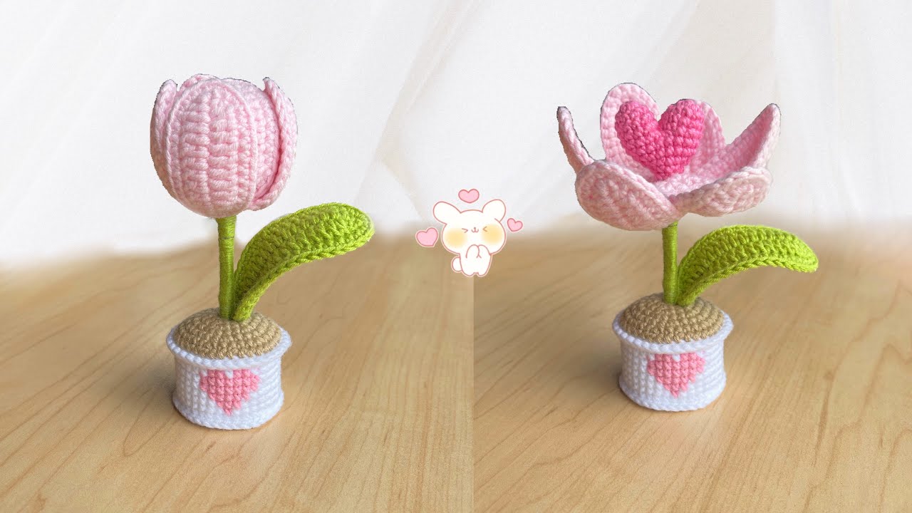 Тюльпан в горшочке крючком 💕День святого Валентина - вязаные цветы 🤑